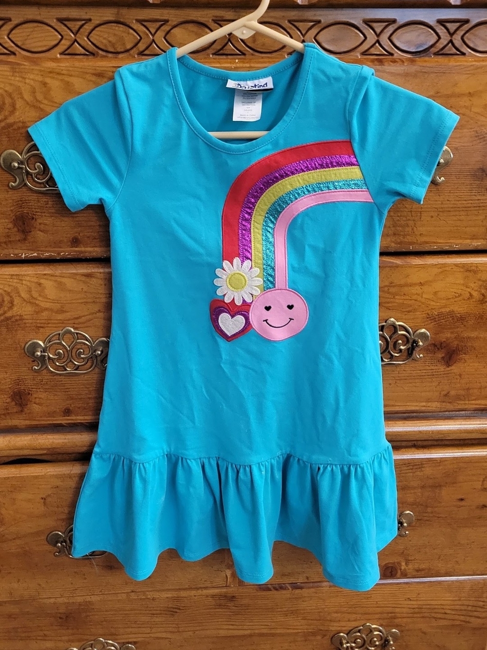 Turquoise Rainbow Appliqué Ruffle Hem Kids Dress